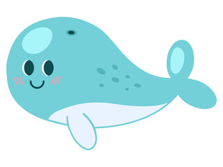 Cute children s cartoon whale, a vector design element in the style of doodles, isolated on a white background
