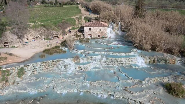 Aerial view of Cascate del Mulino di Saturnia, Tuscany, Italy