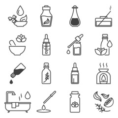 Essential oil icons set. Simple line drawing of vials, use and composition of liquid essential oil. Vector over white background.