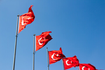five flags of Turkey. National flags consisting of a red field (background) 