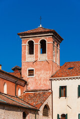 Fototapeta na wymiar Religious architecture in Venice. 18th century bell tower of San Zan Degolà (St John beheaded) church