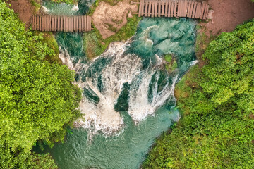 Dzhurinsky or Krasnogorodsky waterfall, aerial view, located on the Dzhurin River in the village of Nyrkov, Zalishchikovsky district, Ternopil region.