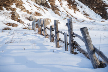 Fence fence made of logs of old dry trees, winter landscape on the ranch, corral for livestock, white snow in nature.