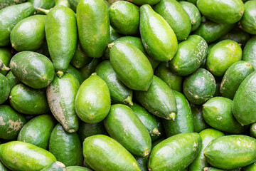 A pile of green lemons or limes on a sunny day