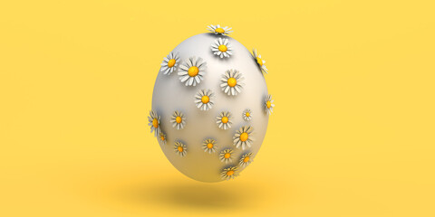 Easter eggs with daisy flowers. Copy space. 3D illustration.