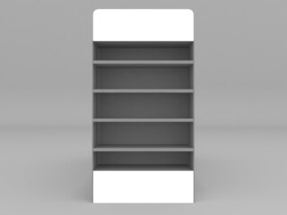 supermarket aisle front view with shelves and top and bottom empty posters display. 3d rendering illustration