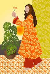 woman giving flower on floral wallpaper with leaves pot