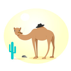 Camel in the desert smoking a cigra with a hat on a yellow background with a cactus