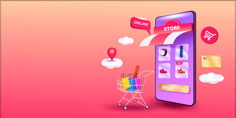 illustration with pink background showing online shopping