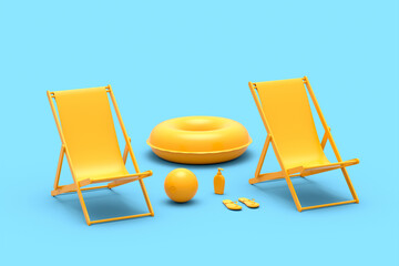 Beach chair with inflatable ring and beach ball on monochrome blue background.