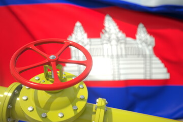 Fototapeta na wymiar Waving flag of Cambodia and the gas or oil pipeline valve. Conceptual 3d rendering