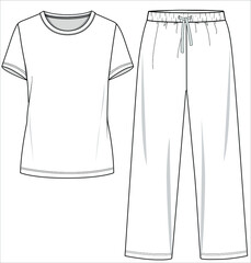 TEE AND AJAMA FLAT SKETCH OF
NIGHTWEAR SET FOR WOMEN AND TEENN GIRLS IN EDITABLE VECTOR FILE