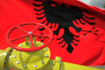 Waving flag of Albania and the gas or oil pipeline valve. Conceptual 3d rendering