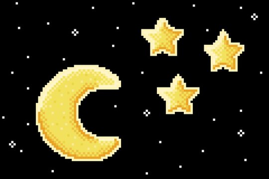 Crescent moon and stars pixel art. Vector illustration. 