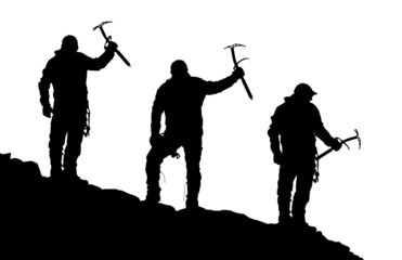 black silhouette of three climbers with ice axe in hand on white background, vector illustration