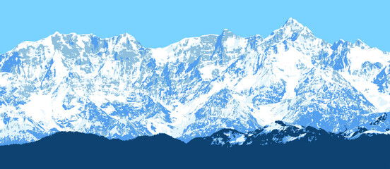 Great Himalayan range, Himalayas mountains vector illustration, snowcapped white and blue colored mountain