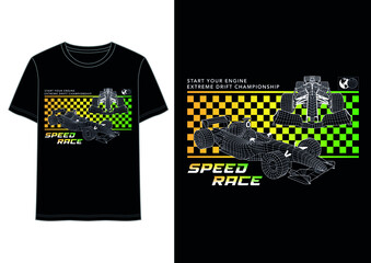 Wireframe car racing vector print, checkered background speed race tee print