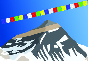 mount Everest with prayer flags as seen from gokyo, vector illustration, Mt Everest 8,848 m, Khumbu valley, Sagarmatha national park, Nepal Himalayas mountains - obrazy, fototapety, plakaty