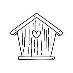 Cute wooden birdhouse isolated on white background. Vector hand-drawn illustration in doodle style. Perfect for holiday and spring designs, cards, logo, decorations.