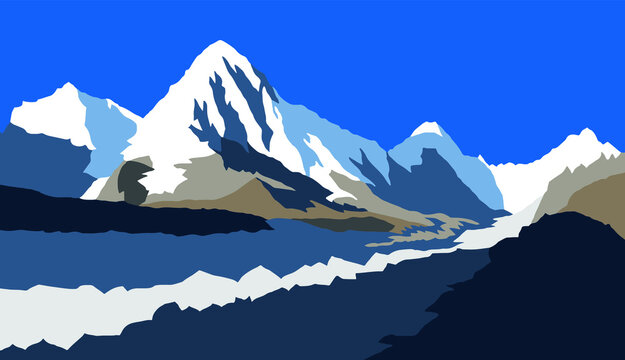 Khumbu glacier and Mount Pumori, vector illustration, Khumbu valley, Sagarmatha national park, Nepal Himalaya mountain © Daniel Prudek