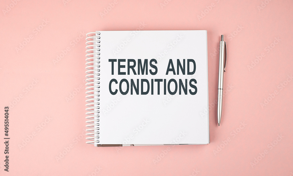 Fototapete terms and conditions text on notebook with pen on the pink background