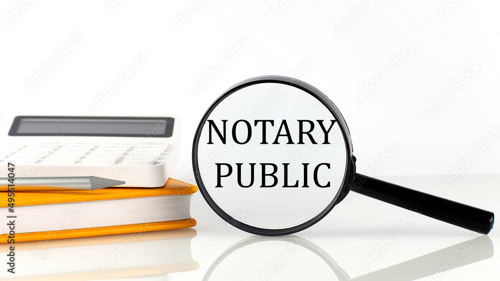 Aufkleber magnifier with text notary public with notebook, calculator on white background