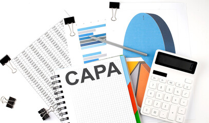 Text CAPA on a notebook on the diagram and charts with calculator and pen