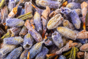Dried lavender flowers background. Shallow depth-of-field macro shot.