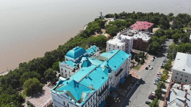 Khabarovsk city on a summer day. Aerial view.