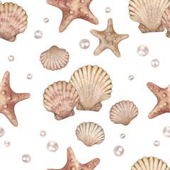 Watercolor seamless pattern with vintage seashells and pearls isolated on white background. Marine collection.