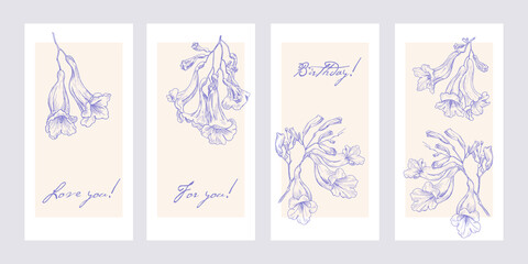 Fototapeta na wymiar Vector floral template for design greeting card invitation gift. Outline style flowers jacaranda tree. Violet elements on a beige background. Hand drawn illustration