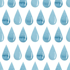 Watercolor seamless pattern with colorful light blue stains, drops of water, rain. Isolated on white background.