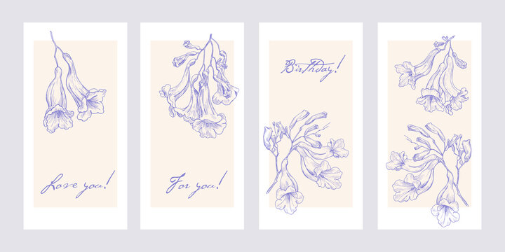 Vector floral template for design greeting card invitation gift. Outline style flowers jacaranda tree. Violet elements on a beige background. Hand drawn illustration
