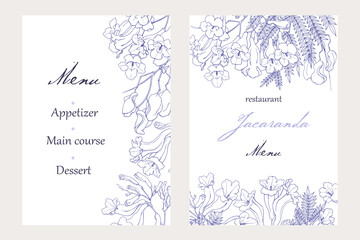 Line art Floral background for design wedding invite menu restaurant greeting card poster. Holiday set of flowering Jacaranda tree. Blooming branches. Hand drawn illustration.