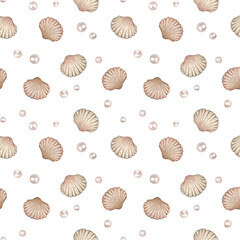 Watercolor seamless pattern with vintage seashells and pearls isolated on white background. Marine collection.
