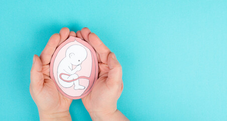 Unborn baby in the uterus, drawing of a fetus in the last trimester of pregnancy, childbirth and...