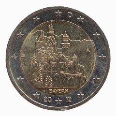 Germany - circa 2012: a 2 Euro coin of Germany with the Neuschwanstein Castle in Bavaria near...