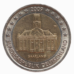 Germany - circa 2009: a 2 Euro coin of Germany with the historic church Ludwigskirche Saarbrücken,...