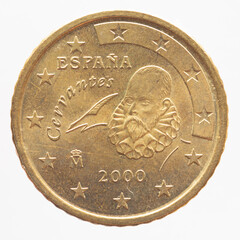 Spain - circa 2000 : a 50 cent coin of Spain showing the portrait of the writer Miguel de Cervantes