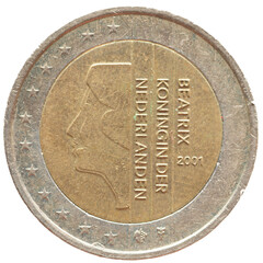Netherlands - circa 2001: a 2 Euro coin of Netherlands showing a portrait of Queen Beatrix of the...