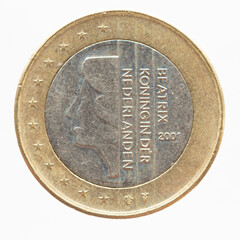 Netherlands - circa 2001: a 1 Euro coin of Netherlands showing a portrait of Queen Beatrix of the...