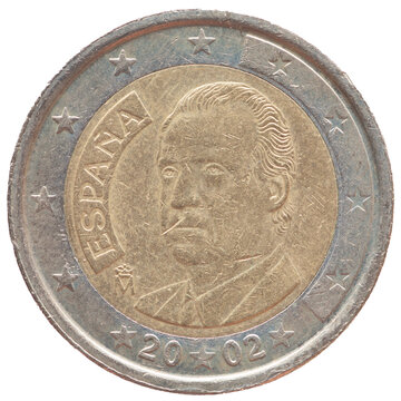 Spain - circa 2002 : a 2 Euro coin of Spain showing a portrait of the Spanish king Juan Carlos I