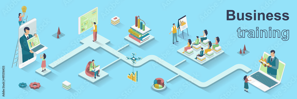 Aufkleber business training concept 3d isometric web banner. people listen to speaker at seminar, improve prof