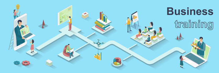 Business training concept 3d isometric web banner. People listen to speaker at seminar, improve professional skills by business meetings. Vector illustration for landing page and web template design © alexdndz