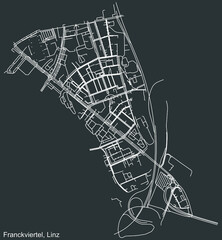 Detailed negative navigation white lines urban street roads map of the FRANCKVIERTEL DISTRICT of the Austrian regional capital city of Linz, Austria on dark gray background