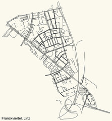 Detailed navigation black lines urban street roads map of the FRANCKVIERTEL DISTRICT of the Austrian regional capital city of Linz, Austria on vintage beige background