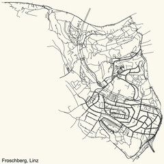 Detailed navigation black lines urban street roads map of the FROSCHBERG DISTRICT of the Austrian regional capital city of Linz, Austria on vintage beige background