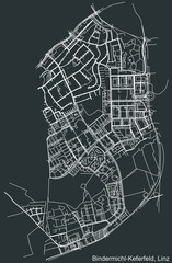 Detailed negative navigation white lines urban street roads map of the BINDERMICHL-KEFERFELD DISTRICT of the Austrian regional capital city of Linz, Austria on dark gray background