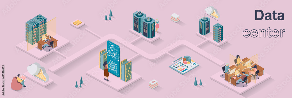 Leinwandbilder data center concept 3d isometric web banner. people engineers work in server rooms, support operatio