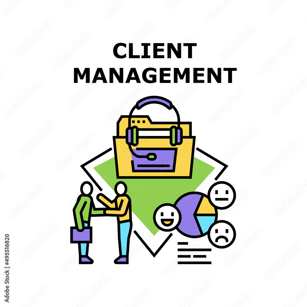 Poster client management vector icon concept. client management and support, businessman discussing and sup